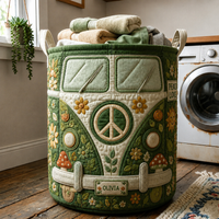 Hippie Camper Van Peace Personalized Quilted Laundry Basket 1