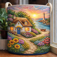 Cottage & Lighthouse Scene Quilted Laundry Basket 1
