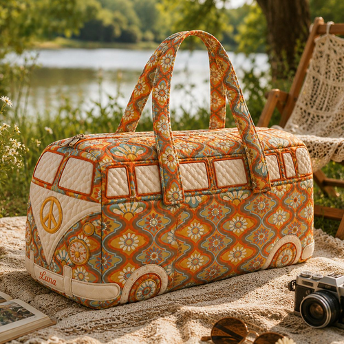 Vintage Hippie Bus Personalized Quilted Duffle Bag TN36