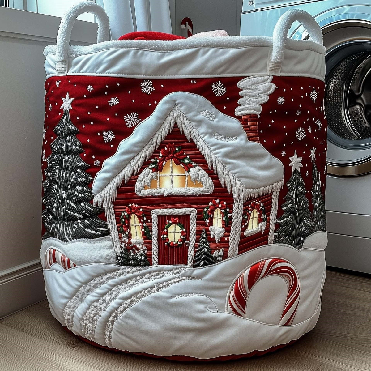 Crimson Christmas Cabin Quilted Storage Basket