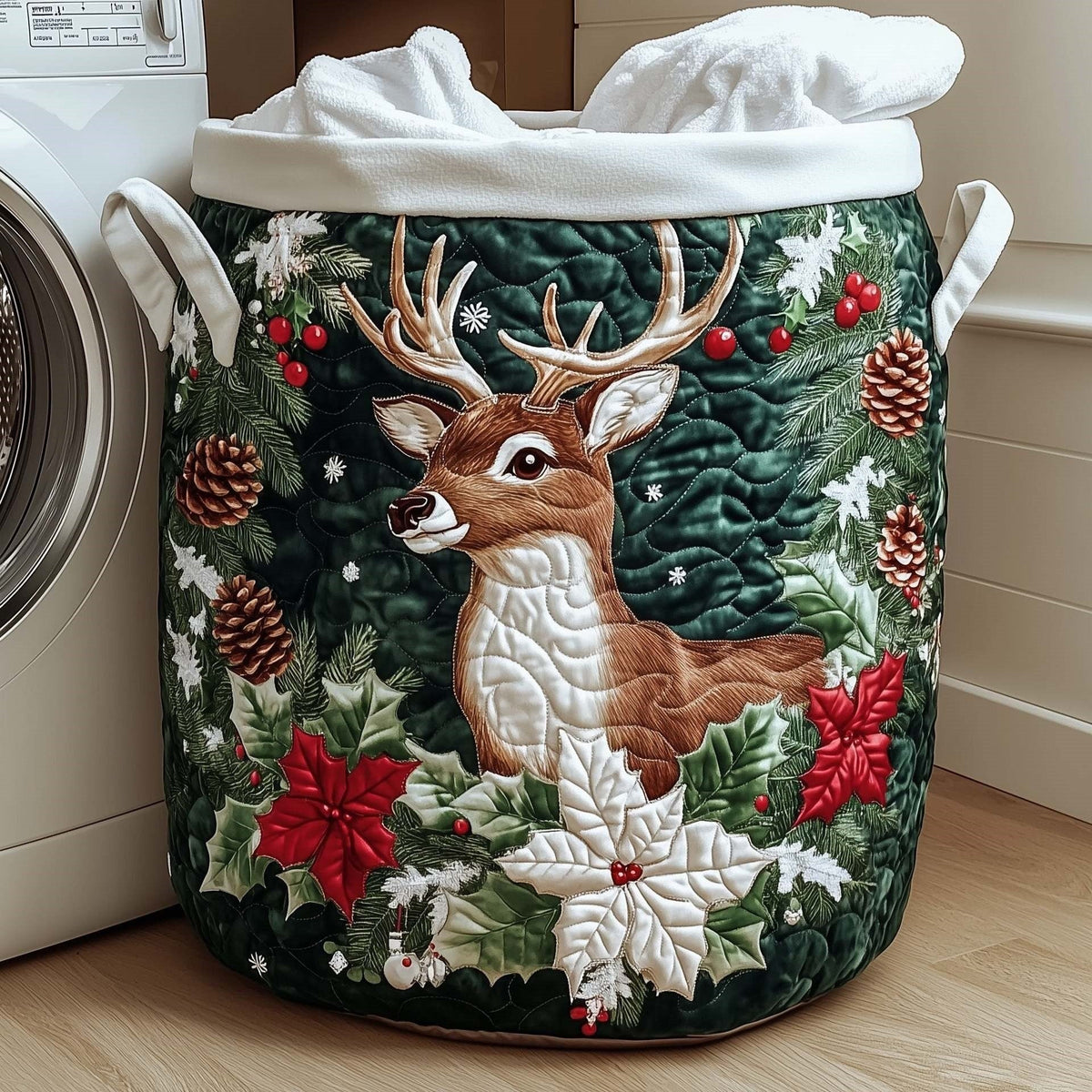 Holly Deer Quilted Storage Basket