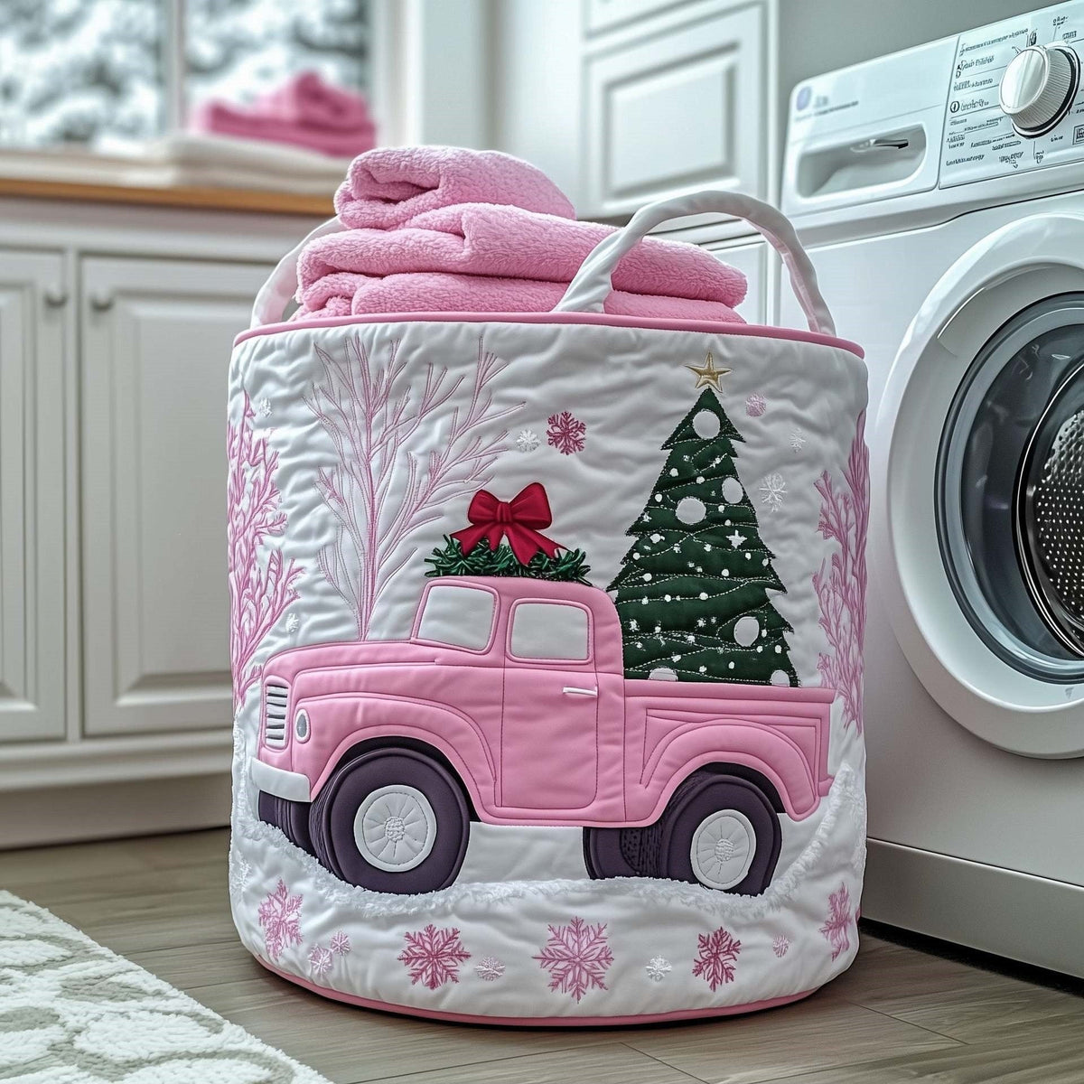 Pink Christmas Pickup Quilted Storage Basket