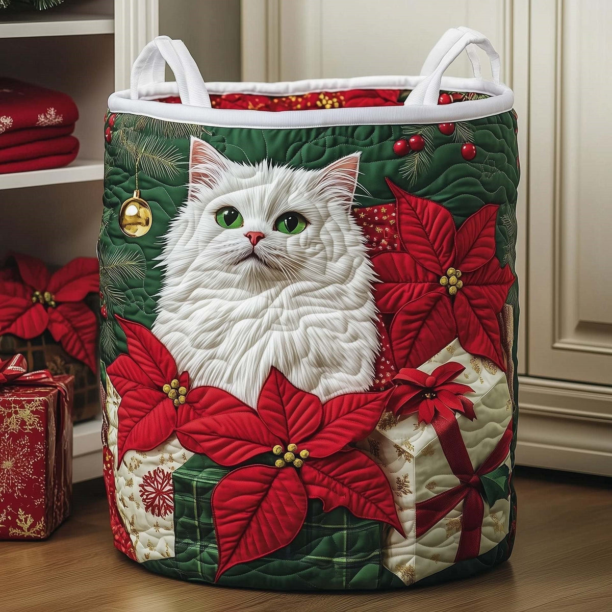Poinsettia Snow Cat Quilted Storage Basket