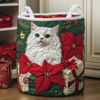 Poinsettia Snow Cat Quilted Storage Basket 1