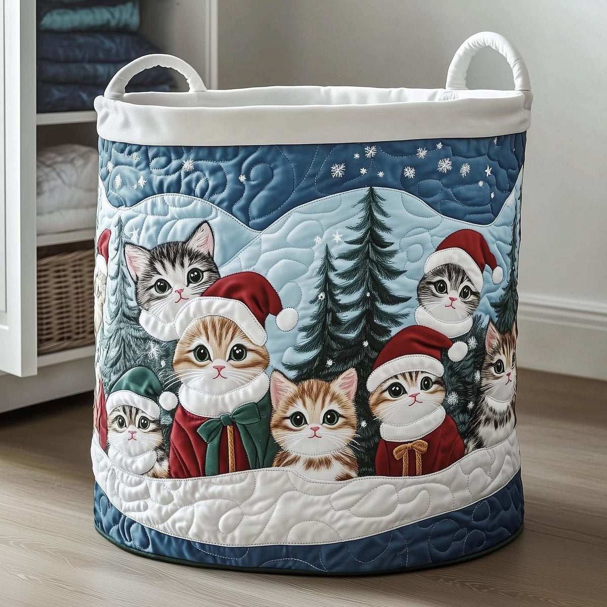 Snowy Kitten Gathering Quilted Storage Basket